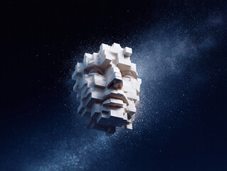 Abstract face made of blocks against a cosmic background. Conceptual tech art for AI, metaverse, or the digital age. Evokes creativity, innovation, and future.