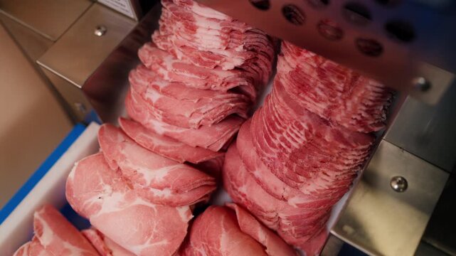 Close-up of an industrial machine cutting pork meat with precision and speed in a processing facility. The automated blade slices cleanly through the meat, highlighting efficiency and hygiene.