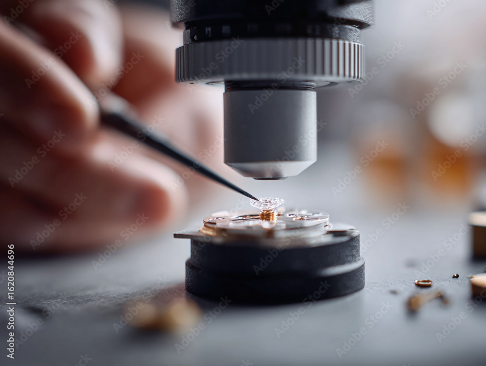 Poster precision assembly with a microscope. gemstone setting or watchmaking, showcasing detail and accurac