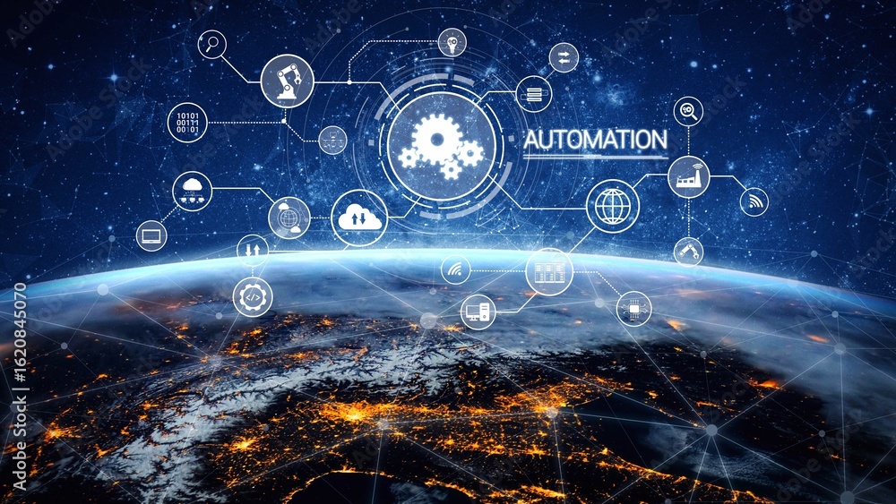 Poster modern automation drives workflow efficiency by connecting systems, people, and data. with intellige