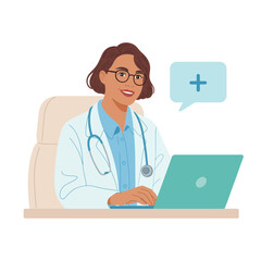 Friendly female doctor at her desk with a laptop offering an online medical consultation. Telemedicine and healthcare technology concept.