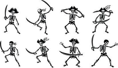  collection of pirate skeletons in various action poses with swords, isolated on white background vector illustration