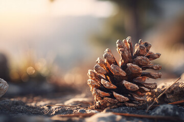 Realistic pine cone captured in detailed close up with soft blur and natural woodland atmosphere