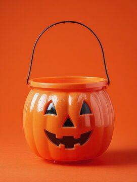 Halloween pumpkin pail on orange background with plastic candy bucket