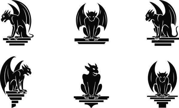  collection of gothic gargoyle silhouettes perched on pedestals representing architectural and decorative elements vector illustration