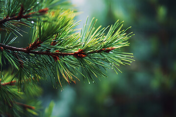 Realistic pine tree branch with vibrant green needles in natural light and soft forest background