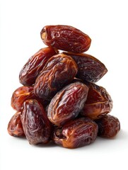 Obraz premium Pile of sweet brown dates isolated on white background, a healthy and delicious snack