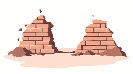 Crumbled Brick wall. Broken Brick Wall. Ruined brick wall isolated on white background. Vector illustration.	