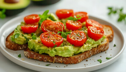 Fresh and Creamy Avocado Toast with Cherry Tomatoes and Herbs on White Plate