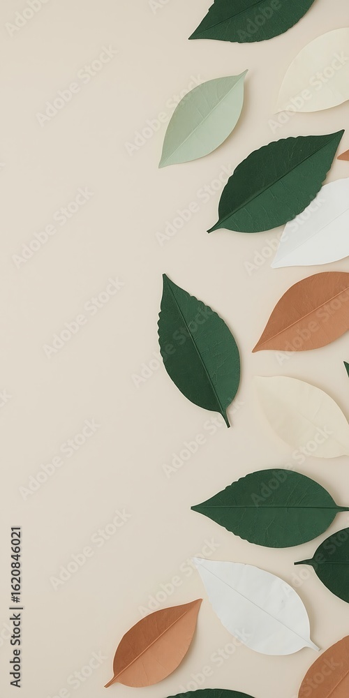 Poster vertical flat lay of paper leaves on beige background, creating a natural and elegant design element