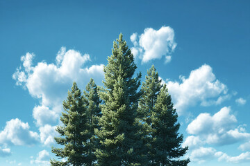 Realistic pine tree group under clear blue sky with foliage and earthy forest ground texture