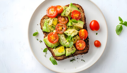 Fresh and Creamy Avocado Toast with Cherry Tomatoes and Herbs on White Plate