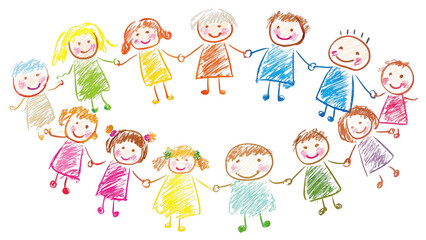 Colorful Chalk Drawing of Happy Children Holding Hands