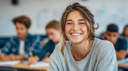 Portrait of smiling high school student with classmates in background writing notes in the classroom. Happy girl sitting at desk in class while looking at camera. Successful young woman at college.,