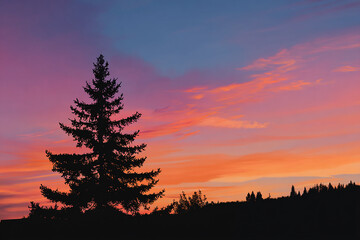 Realistic pine tree silhouette against sunset sky with warm orange hues and glowing evening light