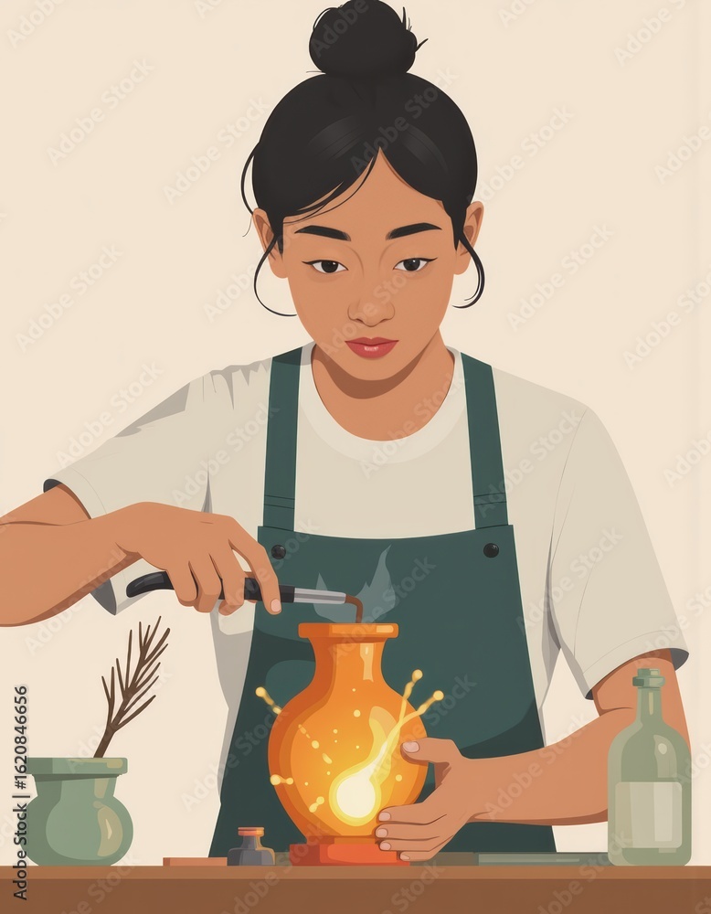 Poster artisan creating a glass vase using zero-waste techniques and closed-loop recycling