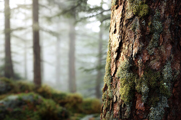 Realistic pine tree trunk with rough bark and moss in a calm natural forest environment