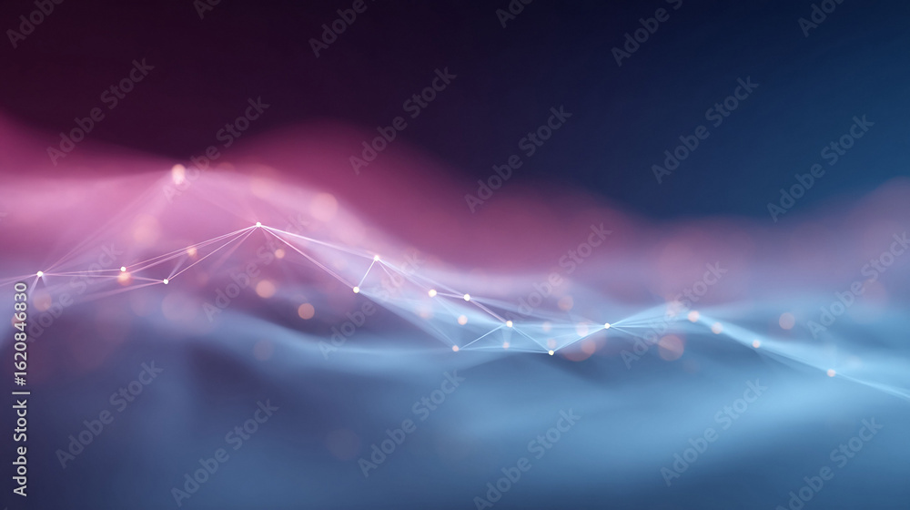 Poster abstract network background with connecting lines and nodes against blurred pink and blue hues. repr