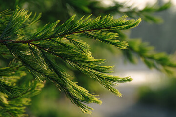 Realistic pine tree with slender green needles waving in breeze under clear sky in natural setting