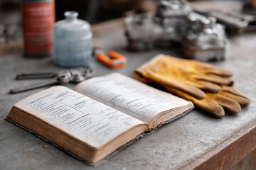 Vintage repair manual with work gloves on a metal table. Automotive concept for engineering, industry, maintenance, and education. Detailed guide.