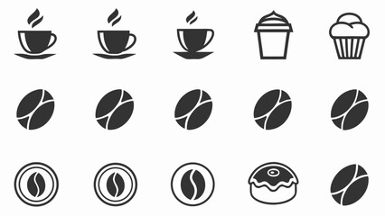 Collection of coffee related icons including cups beans and pastries