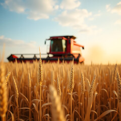 Fototapeta premium Combine Harvester in a Field: Wheat Harvest at Sunset