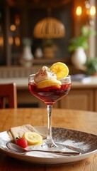 Elegant dessert in a glass with ice cream, lemon slices, and strawberry on a stylish plate