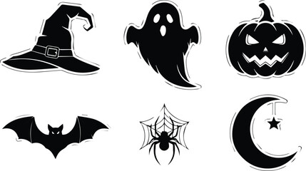  halloween icons set with ghost, pumpkin, witch hat, bat, spider and moon isolated on white background vector illustration