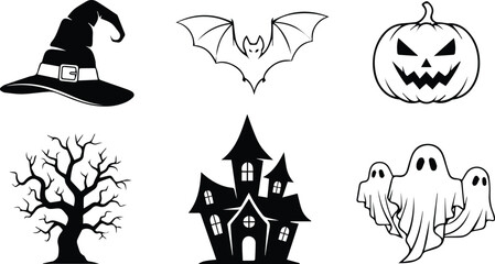  halloween icons set with witch hat, bat, pumpkin, haunted house, tree and ghost isolated on white background vector illustration