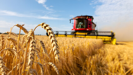 Fototapeta premium Combine Harvester in a Field: Wheat Harvest at Sunset