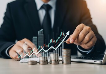 Businessman analyzing financial growth chart with stacks of coins and cityscape overlay