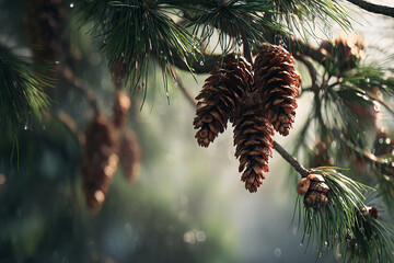 Realistic view of pine cones on green pine branches under warm sunlight and calm background