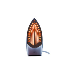 Close up view of a hot iron with glowing heating elements on a black background