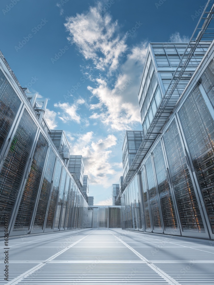 Aufkleber an expansive data center exterior, showcasing the complex architecture and cutting-edge technology, 