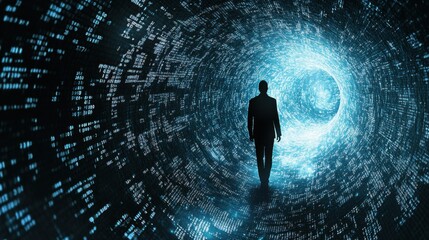A person walks through a tunnel of digital data.