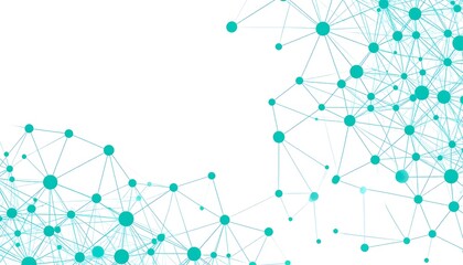 Abstract digital network of interconnected nodes and lines with a futuristic blue green glow on a white background
