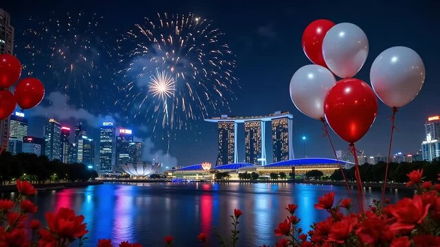 Singapore Skyline with Fireworks and Balloons at Night

