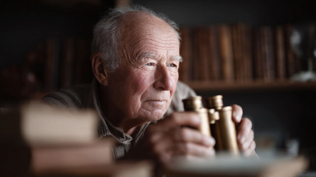 Intriguing image of an older man with binoculars, thoughtfully looking off into the distance. Represents wisdom, experience, aspiration, or reflection on the past. Perfect for editorials. - Powered by Adobe