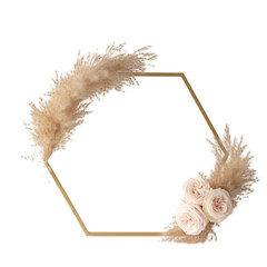 Hexagonal wedding arch decorated with pampas grass and roses on black background