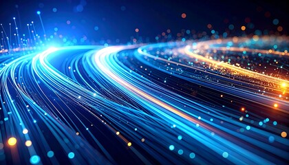 Abstract digital light trails and glowing particles create a vibrant futuristic highway of data and information flow