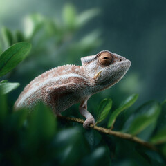 Camouflaged chameleon perched on a twig amidst lush greenery. Symbolizes adaptability, perception, and subtle observation. Nature, wildlife, or growth concept.