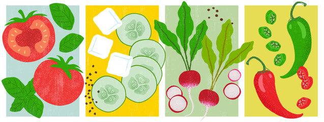 Set of high-quality, detailed vector food illustrations including whole and halved tomatoes, fresh basil leaves, cucumber slices, feta cheese cubes, whole and sliced radishes, and red and green chili 
