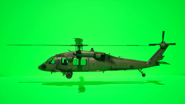 Military Helicopter Side View on Green Screen &ndash; Isolated High-Resolution Image
