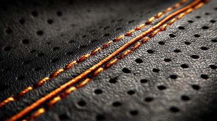 Black perforated material with orange stitching texture