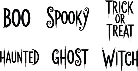  halloween themed typography with words like boo, spooky, haunted, ghost, witch, and trick or treat, isolated on white background vector illustration