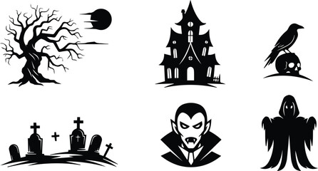  collection of spooky halloween icons including a haunted house, creepy tree, vampire, ghost, and graveyard, isolated on white background vector illustration