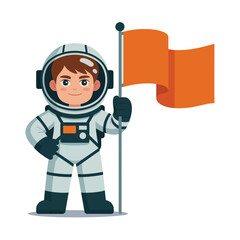 Cartoon astronaut kid in a white spacesuit holding an orange flag. A friendly space explorer character for science and adventure concepts.