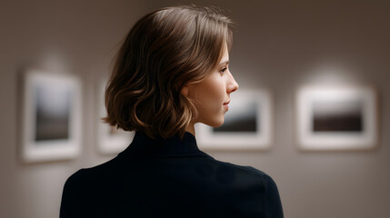 Artistic Contemplation: A thoughtful woman explores an art gallery, her gaze drawn towards a framed artwork, reflecting on creativity and culture.