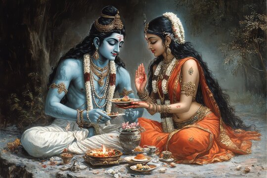 A depiction of Shiv and Parvati sharing a meal together, representing love and nourishment