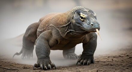 Obraz premium A powerful Komodo dragon, a large monitor lizard, walks on dusty ground, its forked tongue sensing the environment, showcasing its scales and wild nature.